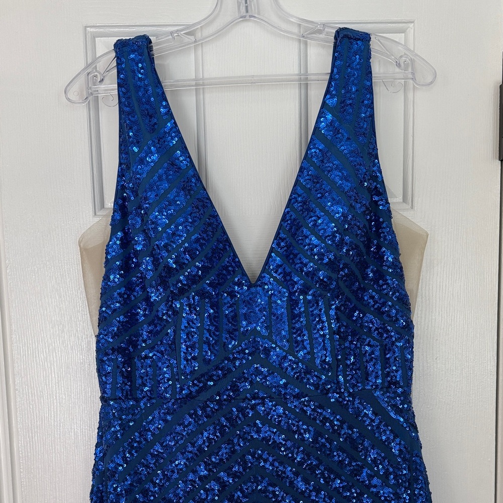 Mia Vega Royal Blue Sequin Hi Low Evening Prom Formal Gown Dress Sz 16 Like New - Picture 3 of 13